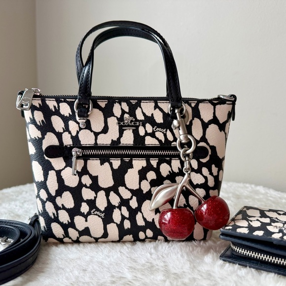 Coach Mini Gallery animal print crossbody bag and wallet with cherry charm